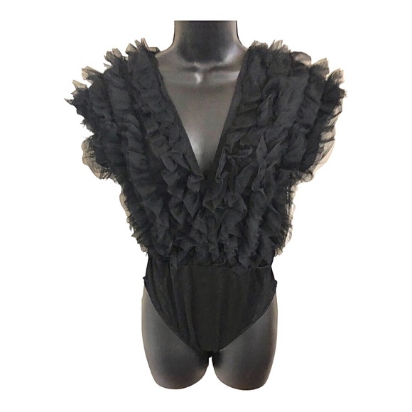 boutique Tops - Ruffled Chiffon tulle plunge front black bodysuit size medium brand new